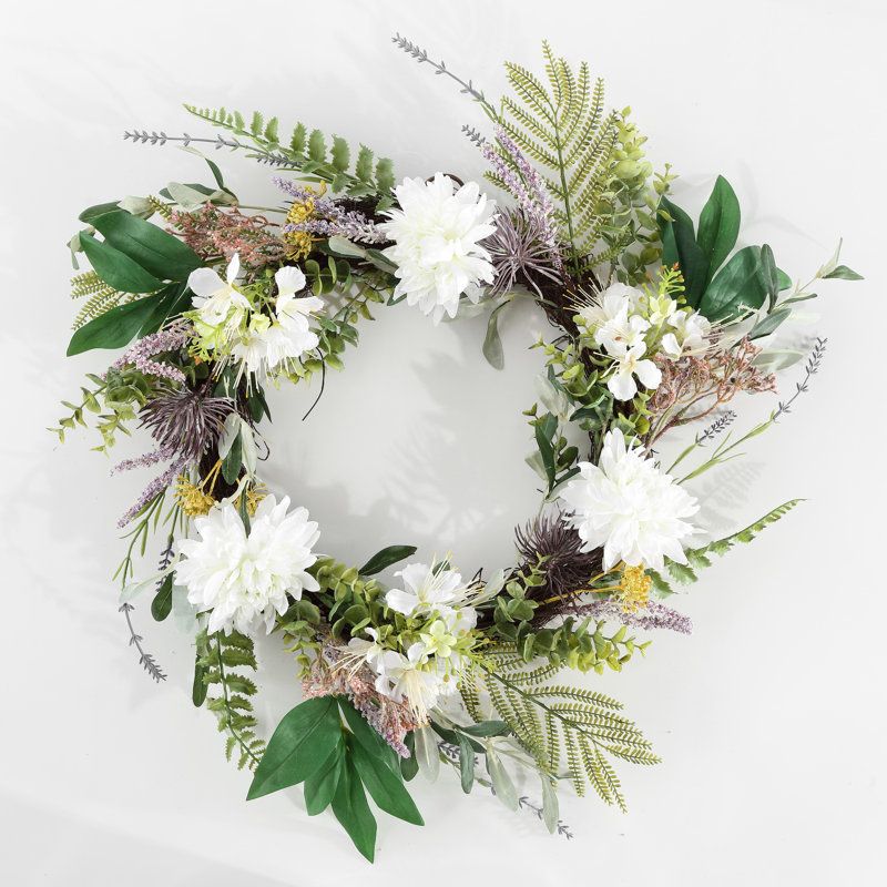 Lively Spring Splendor 24" Faux Dahlia & Olive Green/White Wreath