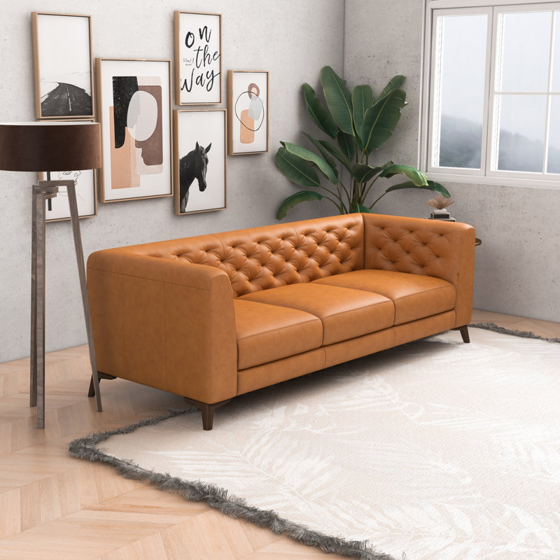 Tan Genuine Leather Tufted Tuxedo Arm Sofa