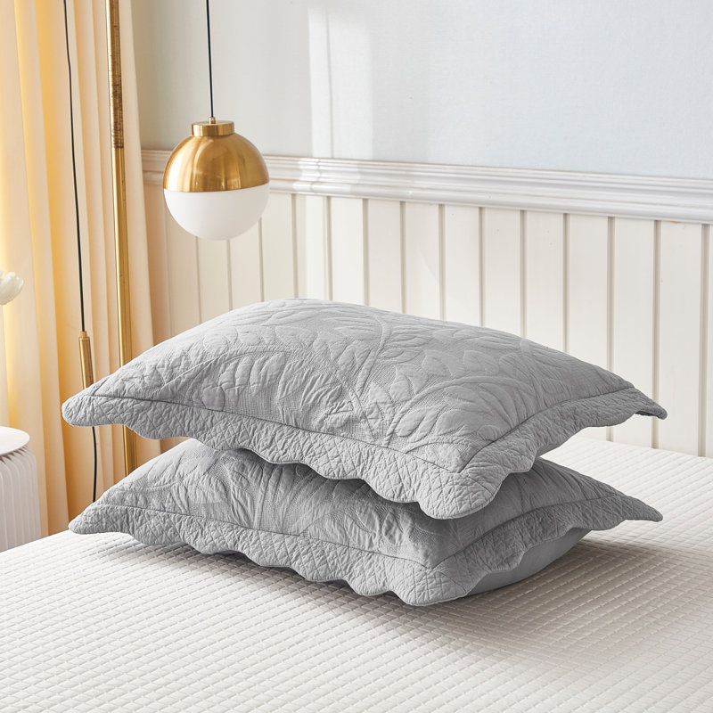 Gray Embroidered Cotton Quilted Standard Pillow Shams, 2-Piece Set