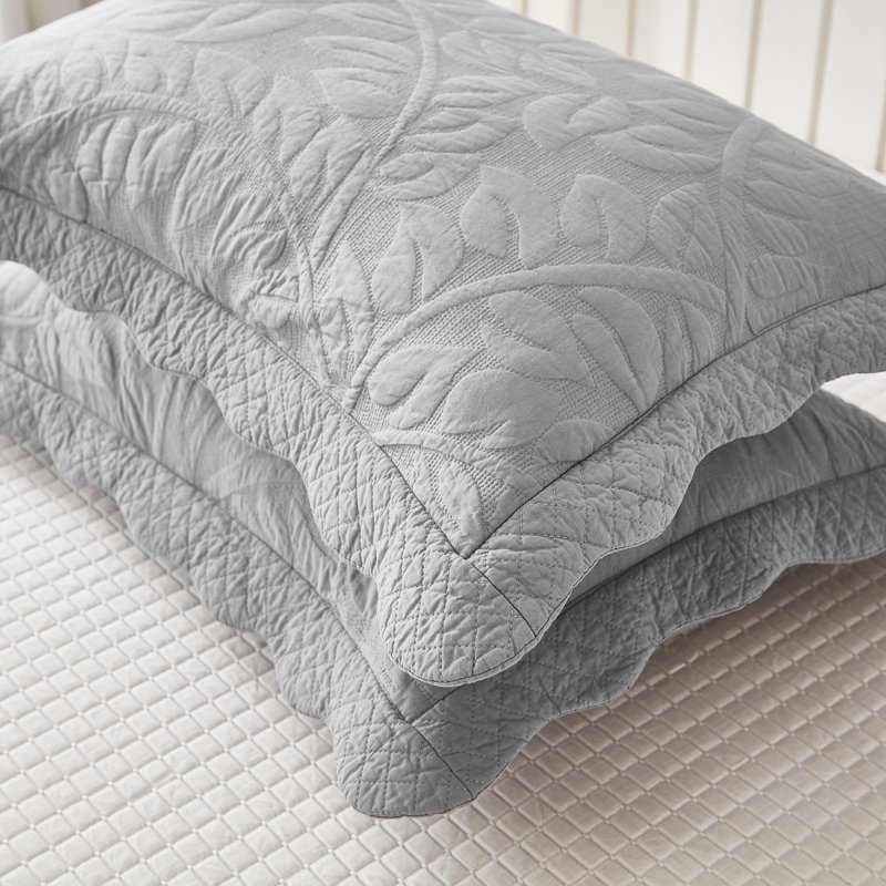 Gray Embroidered Cotton Quilted Standard Pillow Shams, 2-Piece Set