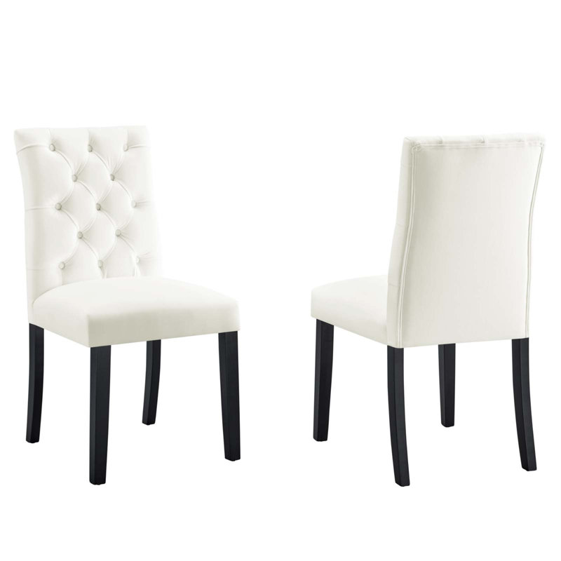 White Velvet Upholstered Dining Chairs with Wood Legs - Set of 2