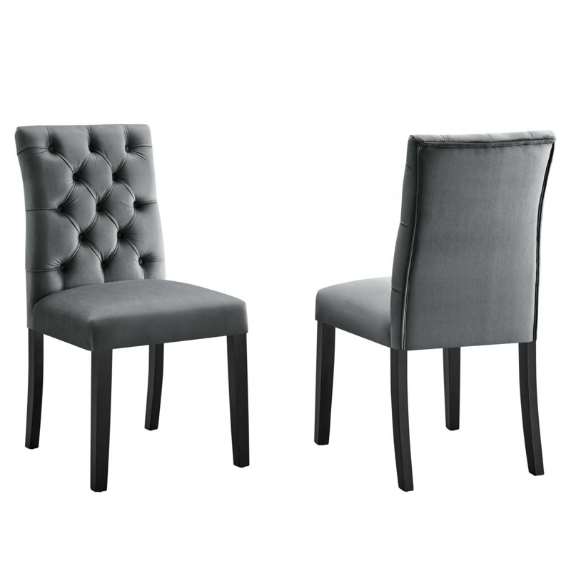 Gray Velvet Upholstered Side Chair with Wood Legs