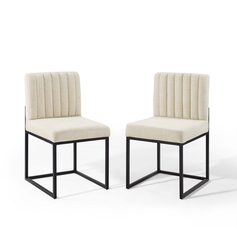 Beige Upholstered Side Chair with Black Metal Frame
