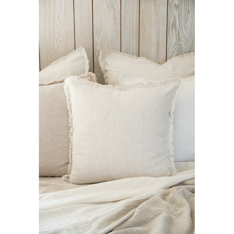 Natural Beige and White Pinstripe Fringed Linen Pillow 20x20