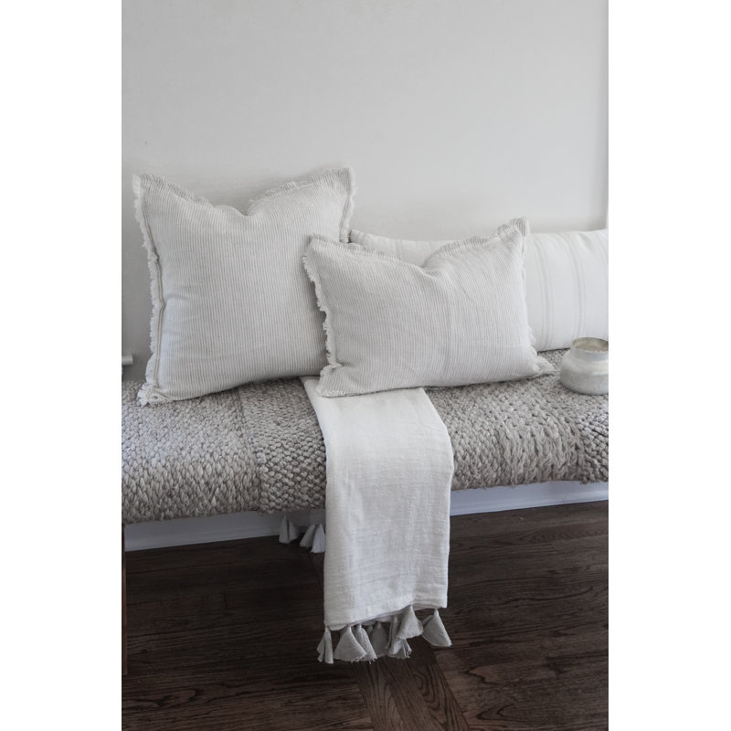Grey Pinstripe Fringe Linen Pillow with Down Alternative Insert