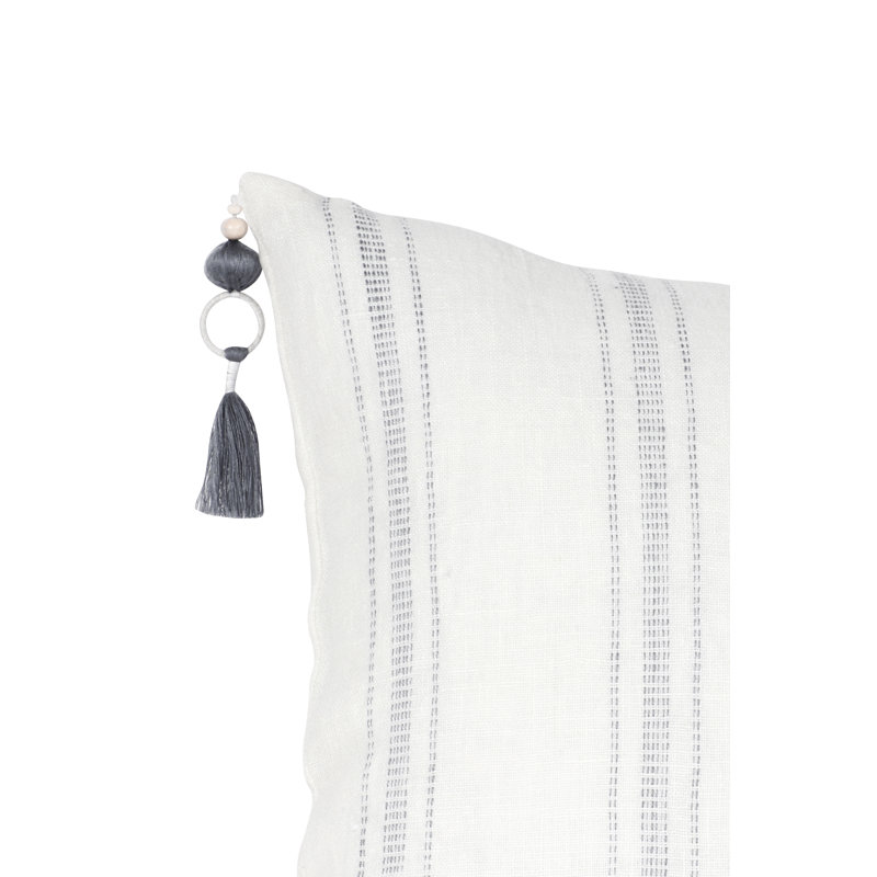 White and Gray Striped Linen Lumbar Pillow with Tassels