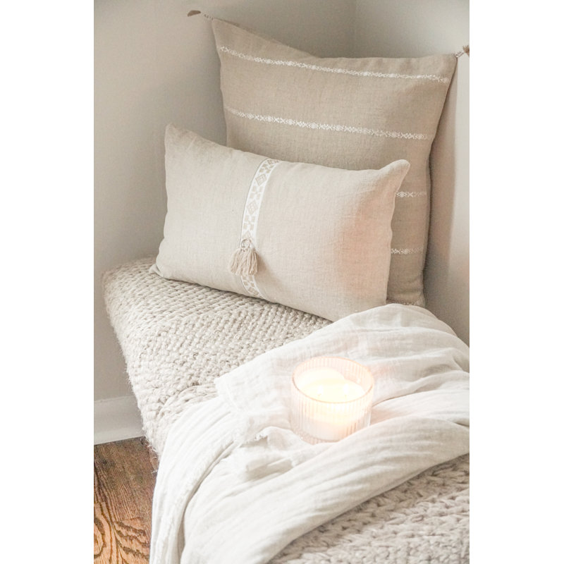Light Gray Embroidered Linen Lumbar Pillow with Down Insert