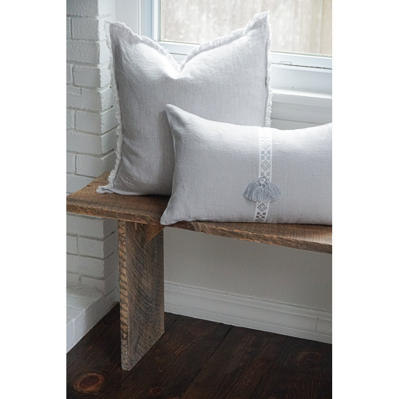 Light Gray Embroidered Linen Lumbar Pillow with Down Insert