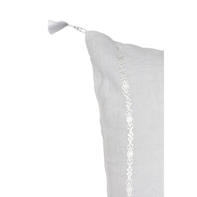 Light Gray and White Embroidered Linen Throw Pillow with Tassels