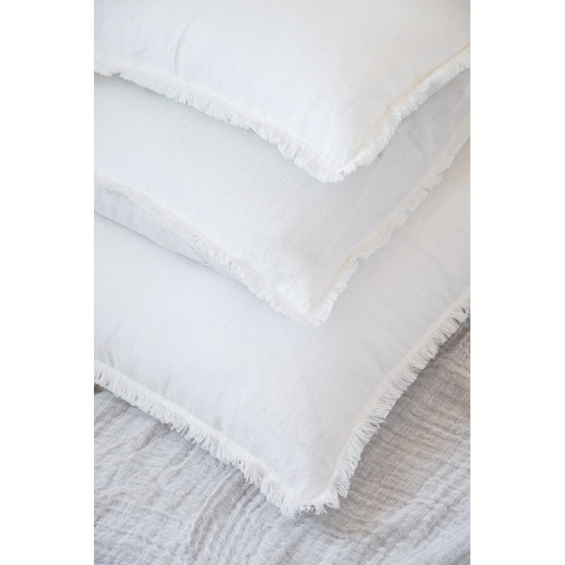 White Linen Fringe Throw Pillow with Feather Down Fill