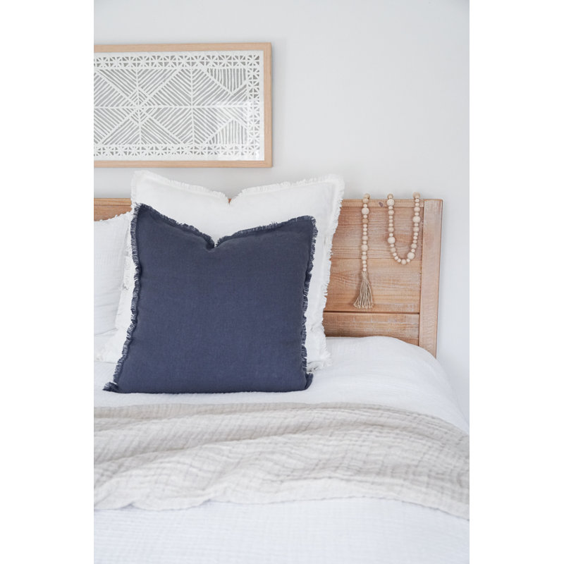 Navy Blue Linen Fringe Throw Pillow with Down Insert