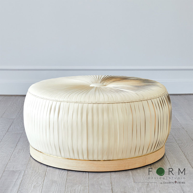 Ivory Top Grain Leather Round Ottoman with White Oak Base