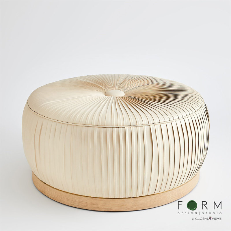 Ivory Top Grain Leather Round Ottoman with White Oak Base