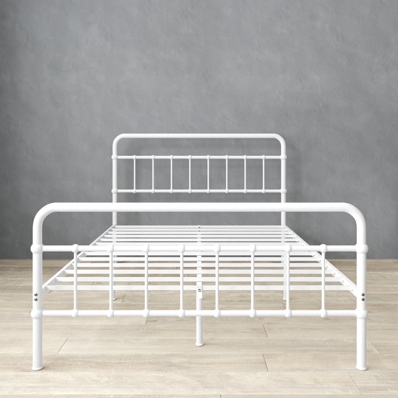 Florence White Queen Metal Platform Bed Frame with Headboard