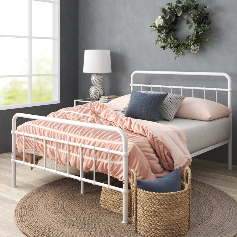 Florence White Queen Metal Platform Bed Frame with Headboard