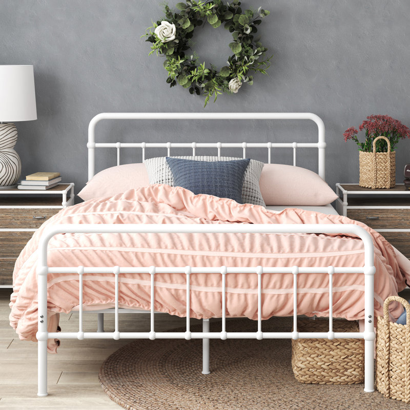 Florence White Queen Metal Platform Bed Frame with Headboard