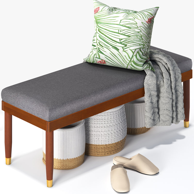 Raymond Mid-Century 48" Grey Upholstered Bench with Brass-Tipped Legs