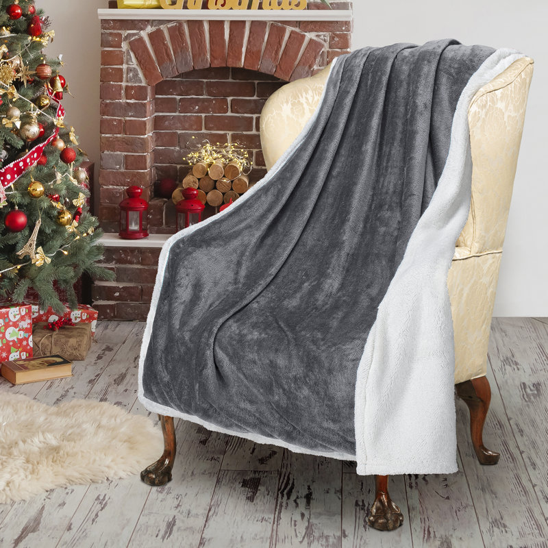 Catalonia Dark Gray Sherpa Fleece Reversible Throw Blanket 50x60 inches