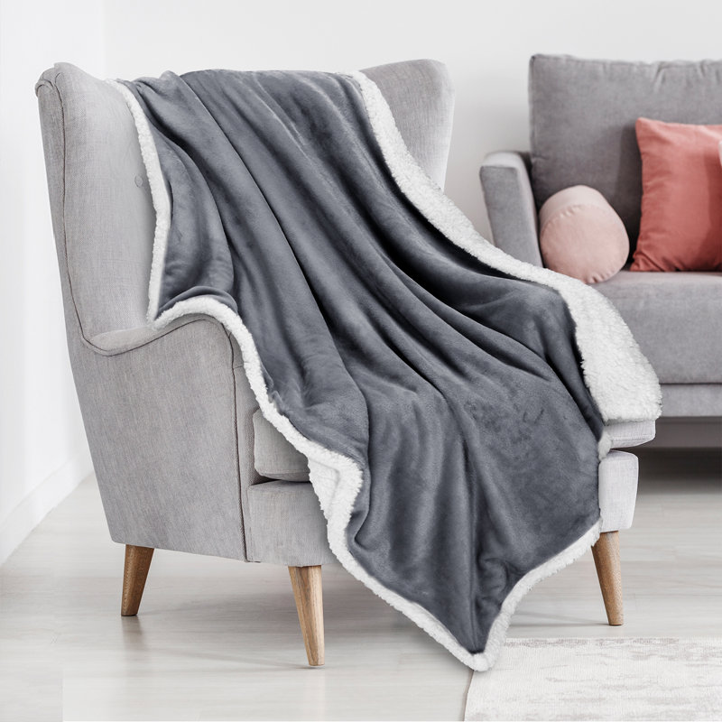 Catalonia Dark Gray Sherpa Fleece Reversible Throw Blanket 50x60 inches