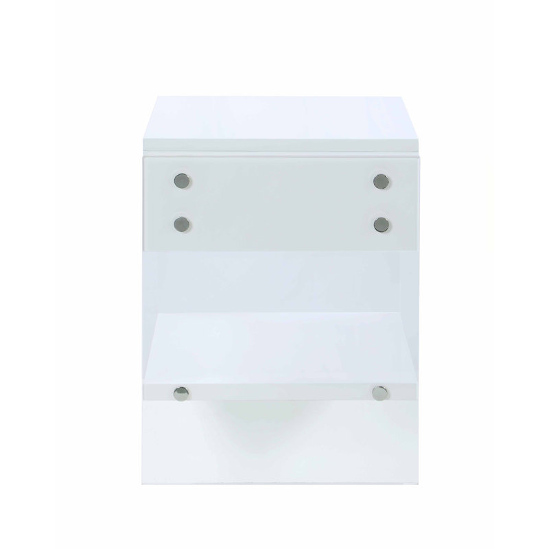 White Acrylic Nightstand with Drawer and Shelf