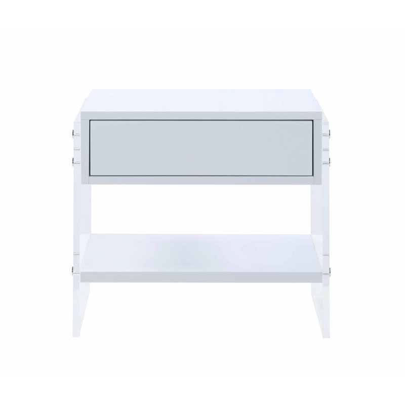 White Acrylic Nightstand with Drawer and Shelf