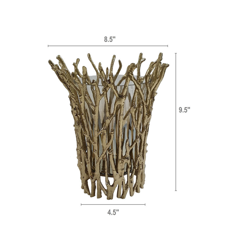 Gold Branch Design Glass Hurricane Candle Holder