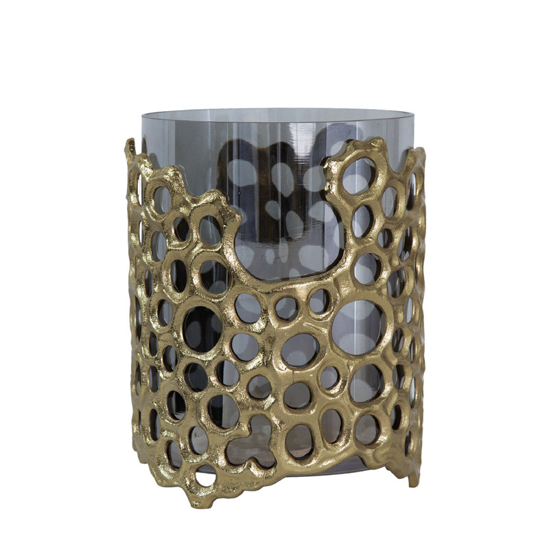 Contemporary Black Glass & Gold Aluminum 11'' Hurricane Candle Lantern
