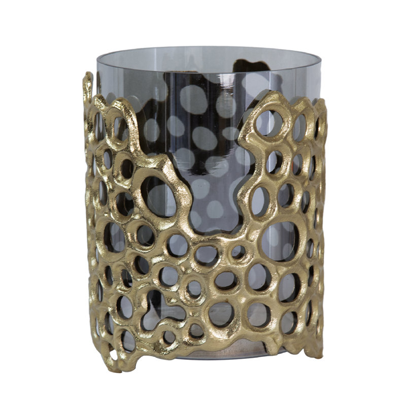 Contemporary Black Glass & Gold Aluminum 11'' Hurricane Candle Lantern