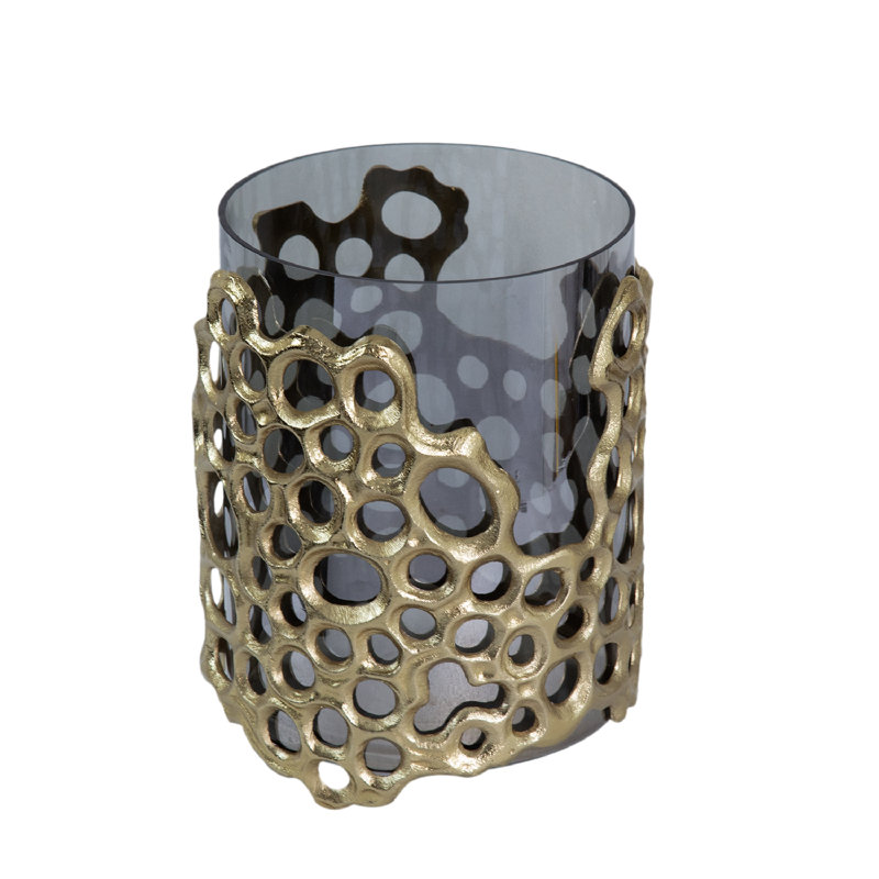 Contemporary Black Glass & Gold Aluminum 11'' Hurricane Candle Lantern