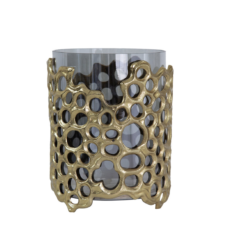 Contemporary Black Glass & Gold Aluminum 11'' Hurricane Candle Lantern