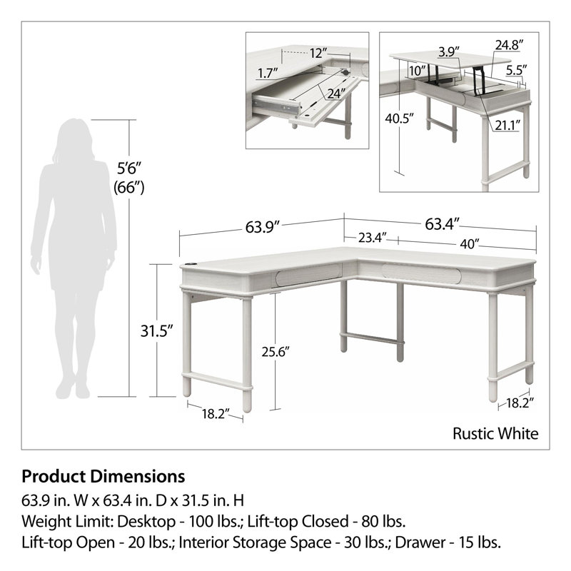 Selena White Wood L-Shaped Desk with Keyboard Tray