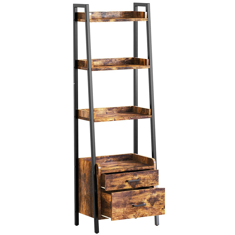 Rustic Brown Ladder Bookcase with Metal Frame and 2 Drawers