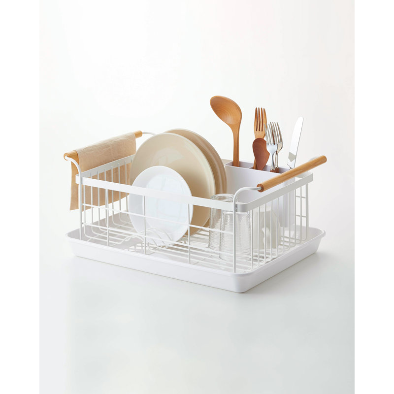 Tosca 13'' White Steel Dish Drainer Rack with Wood-Accent Handles