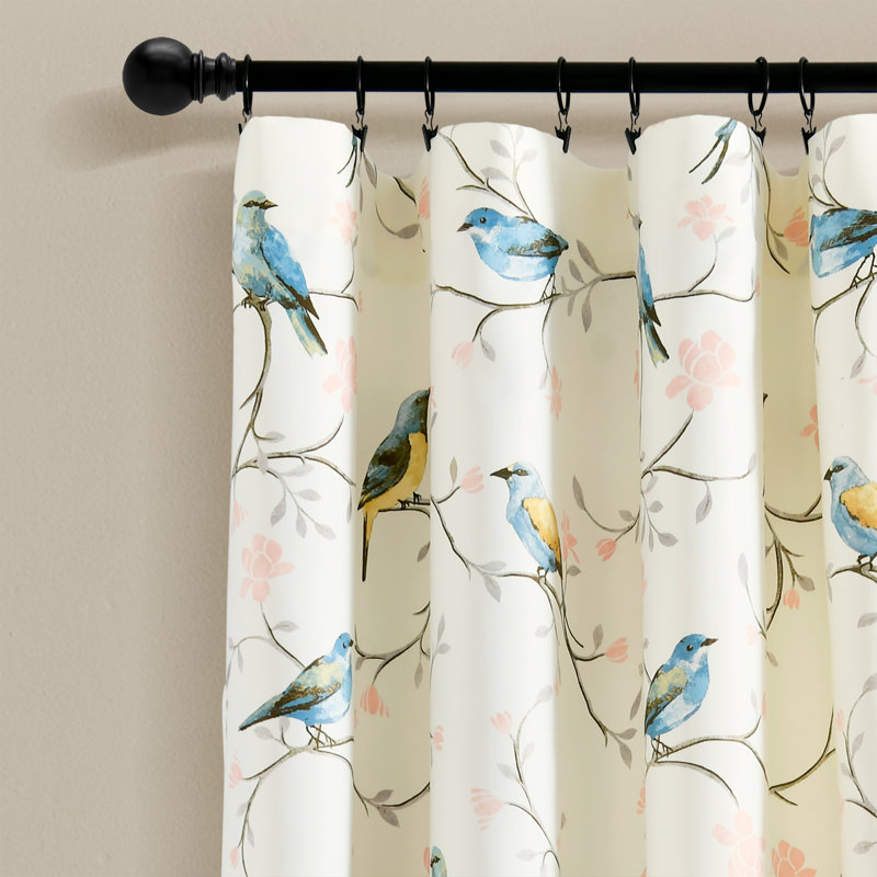 Botanical Bird and Flower Polyester Blackout Curtain Pair, 84" L x 52" W