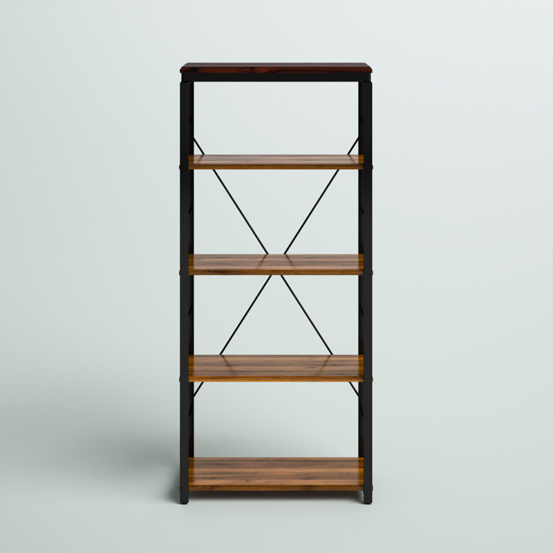 Industrial Oak Brown Bookshelf with Open Metal Frame and X-Shape Support