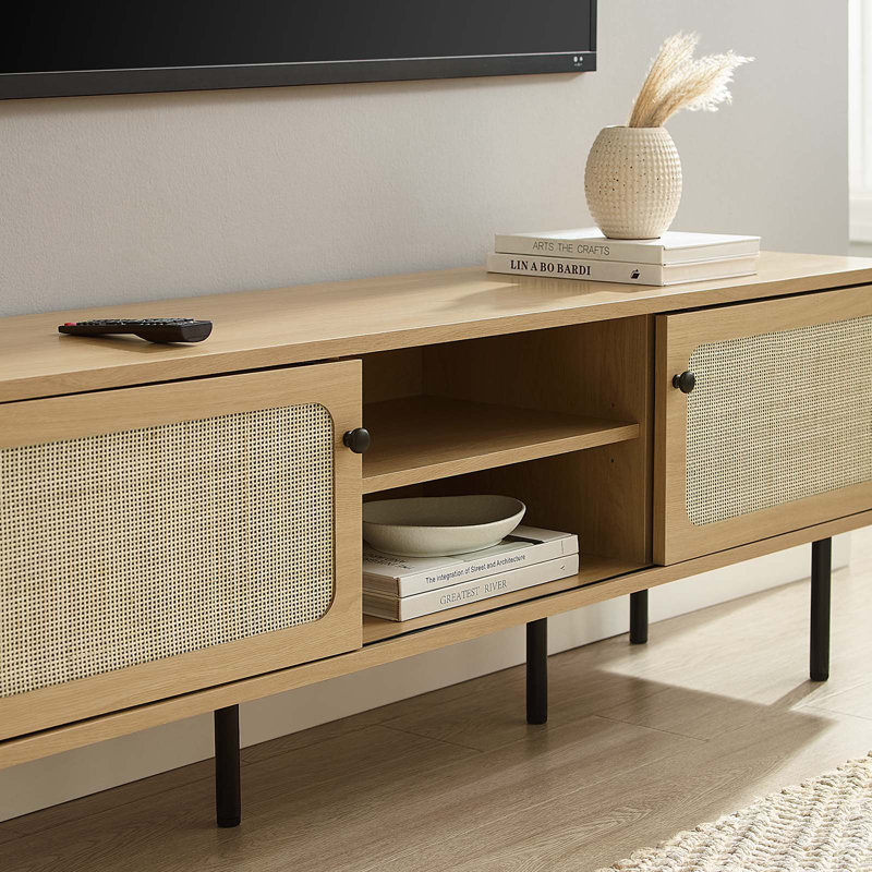 Cambria Natural Oak and Rattan 59" TV Stand with Cabinet