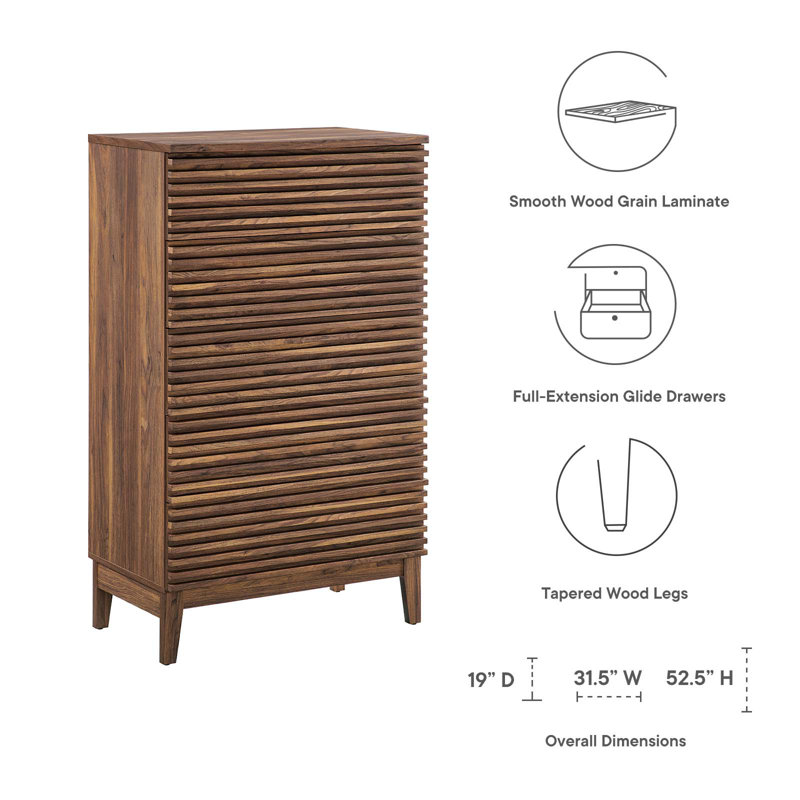 Mid-Century Walnut 5-Drawer Dresser Chest with Tapered Legs