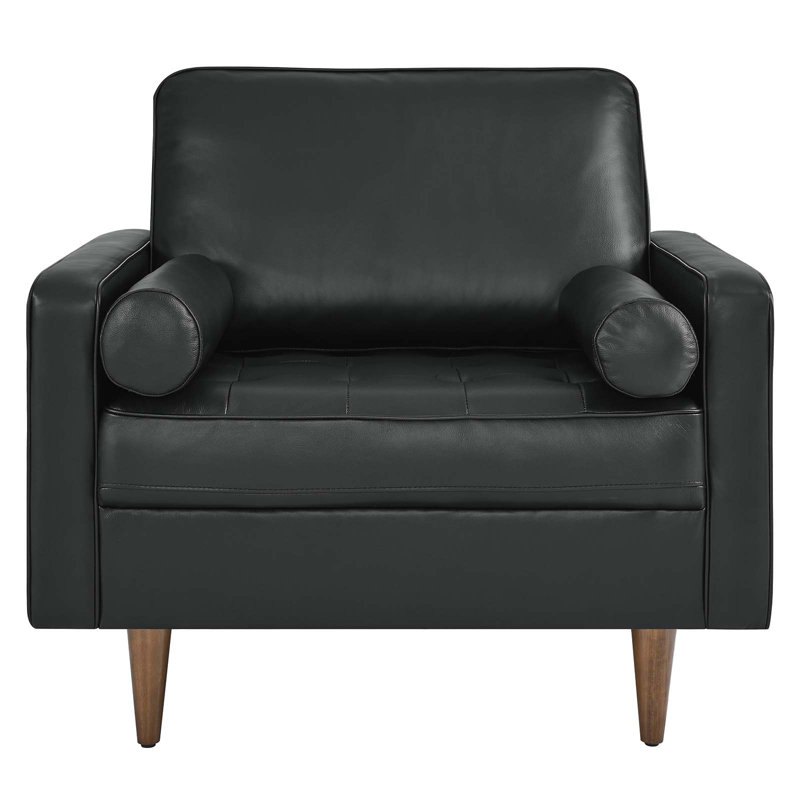 Mid-Century Biscuit Tufted Leather Accent Chair in Black