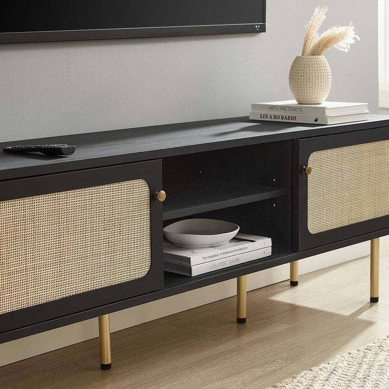 Cambria Black Rattan Weave 59" TV Stand with Cabinet