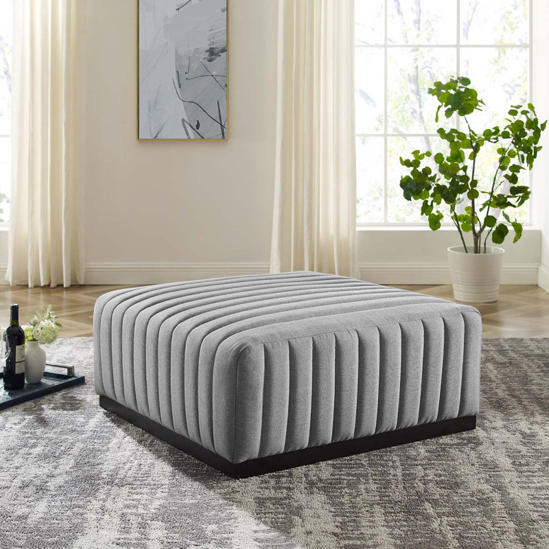 Vintage-Inspired Black Light Gray Linen Tufted Ottoman
