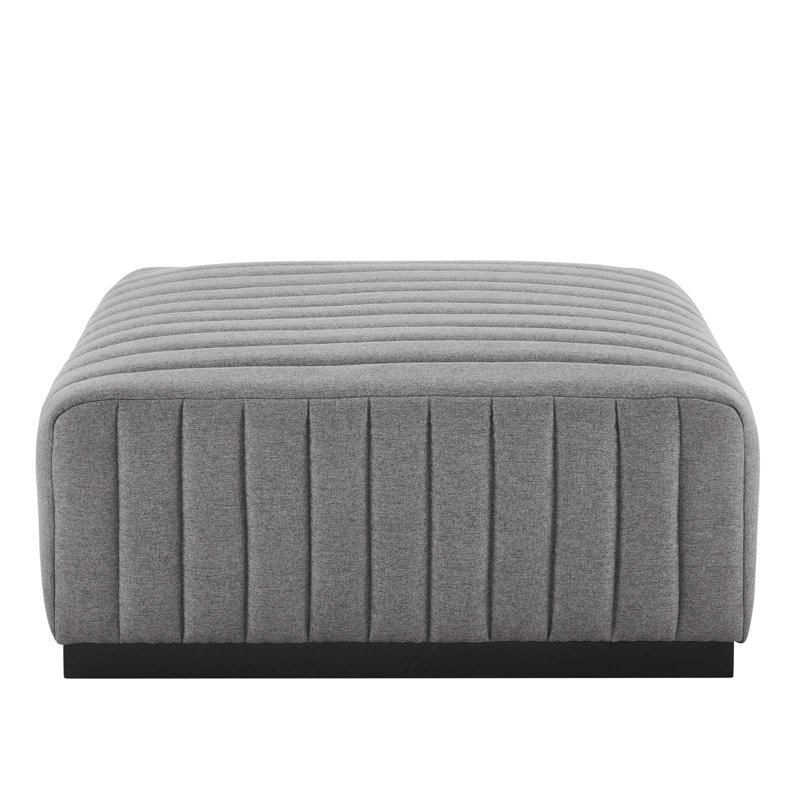 Vintage-Inspired Black Light Gray Linen Tufted Ottoman