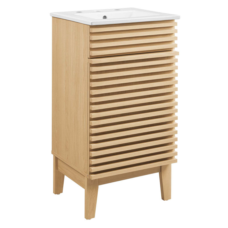 Mid-Century Modern Oak and White 18" Bathroom Vanity Cabinet