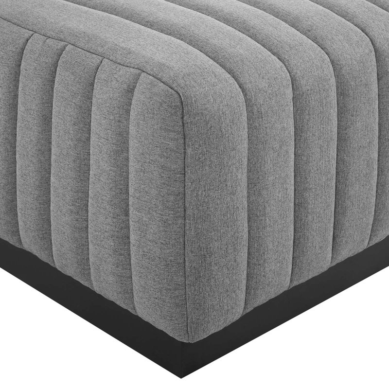 Vintage-Inspired Black Light Gray Linen Tufted Ottoman
