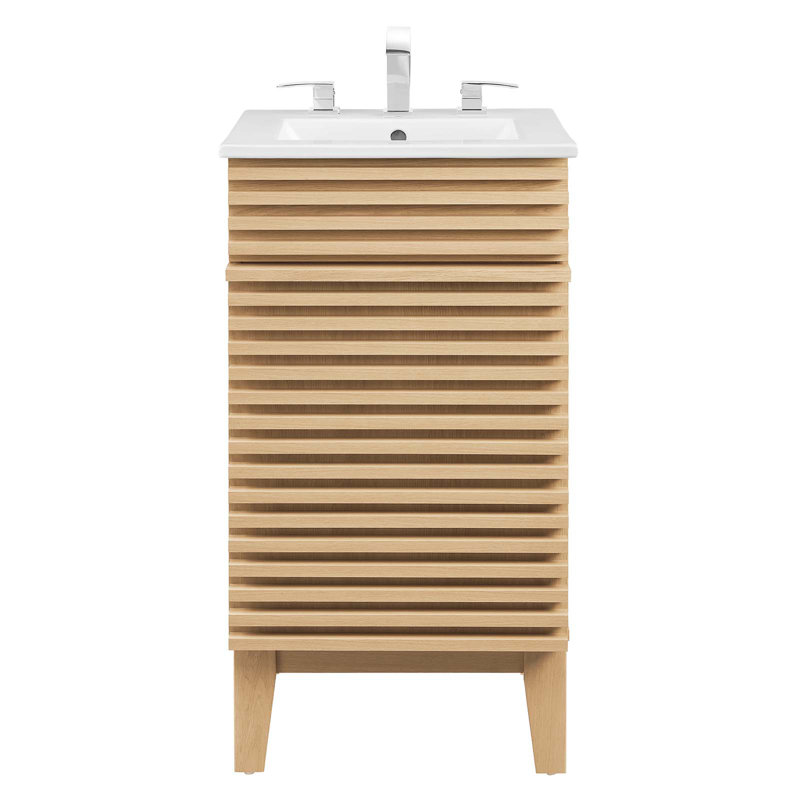 Mid-Century Modern Oak and White 18" Bathroom Vanity Cabinet