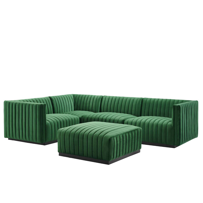 Elegant Black Emerald Velvet 5-Piece Sectional with Ottoman