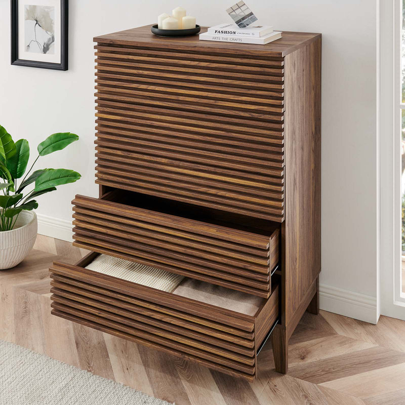 Mid-Century Walnut 5-Drawer Dresser Chest with Tapered Legs