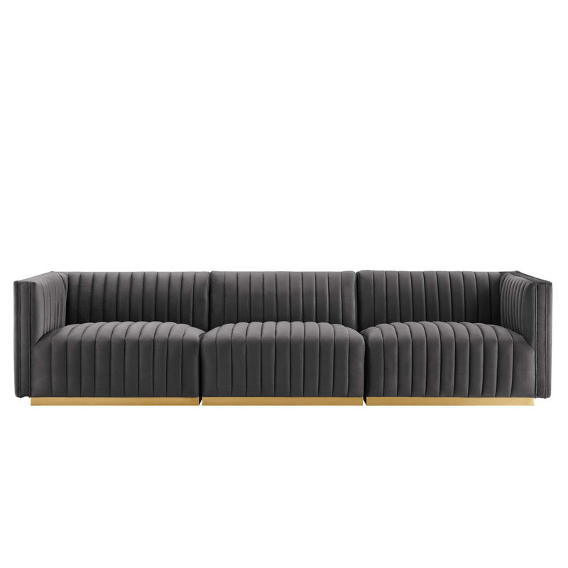 Elegant Gold Gray Velvet Tufted Sofa with Brushed Gold Base