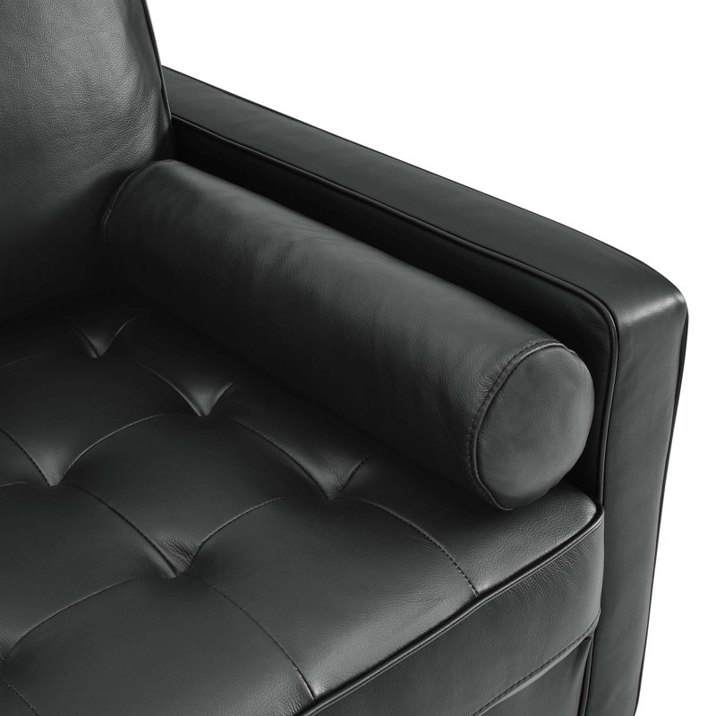 Mid-Century Biscuit Tufted Leather Accent Chair in Black