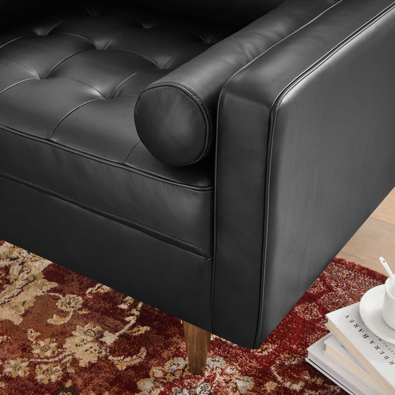 Mid-Century Biscuit Tufted Leather Accent Chair in Black