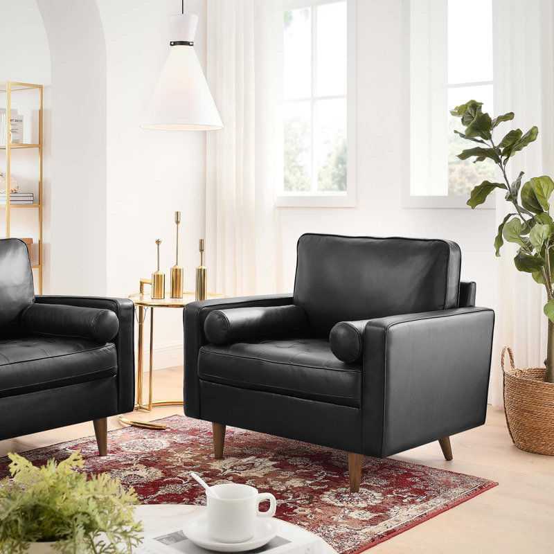 Mid-Century Biscuit Tufted Leather Accent Chair in Black